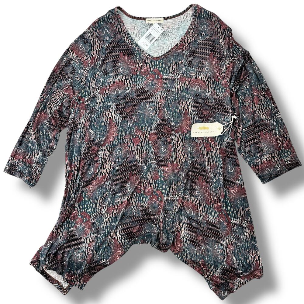 Farmers Market Floral Print Sharkbite Abstract Hem Shirt Plus Size 3X Artsy